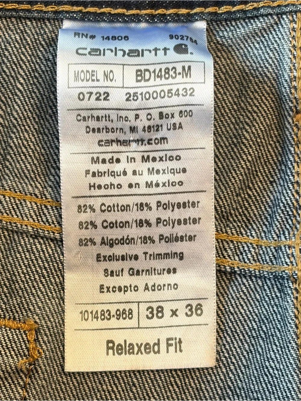 Carhartt BD1483-M Denim Blue Jeans Relaxed Fit Mens Size 38x36 NWT